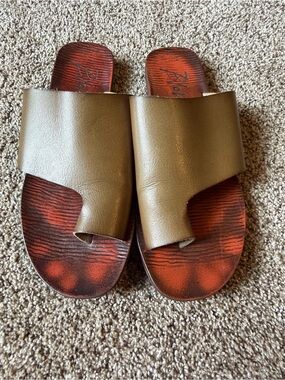 Blowfish Olive Green Slide Sandals with Red-Brown Footbed